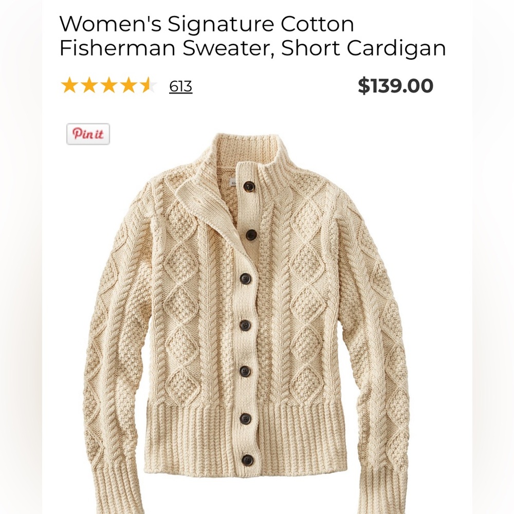 L.L. women’s signature cotton fisherman sweater, short cardigan. Size M. Cream.